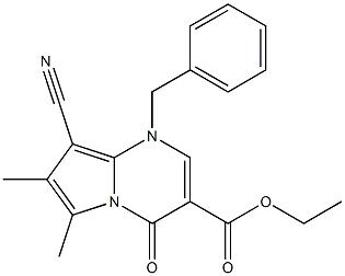 1-Benzyl-4-oxo-6-methyl-7-methyl-8-cyano-1,4-dihydropyrrolo[1,2-a]pyrimidine-3-carboxylic acid ethyl ester Struktur