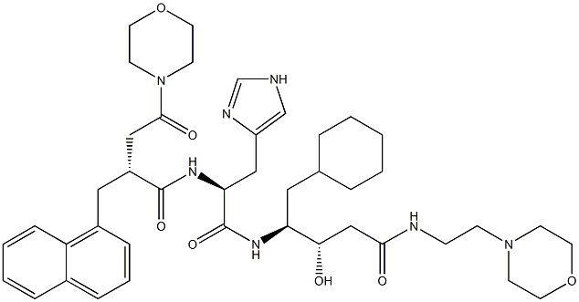 (3S,4S)-3-ヒドロキシ-5-シクロヘキシル-4-[[(2S)-3-(1H-イミダゾール-4-イル)-2-[[(2R)-2-[モルホリノカルボニルメチル]-3-(1-ナフタレニル)プロピオニル]アミノ]プロピオニル]アミノ]-N-(2-モルホリノエチル)バレルアミド 化学構造式