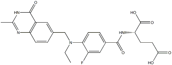 (2S)-2-[3-フルオロ-4-[N-[(3,4-ジヒドロ-2-メチル-4-オキソキナゾリン)-6-イルメチル]-N-エチルアミノ]ベンゾイルアミノ]グルタル酸 化学構造式