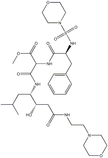 メチル 2-{[(2S,3S)-2-ヒドロキシ-5-メチル-1-{[2-(モルホリン-4-イル)エチル]カルバモイル}ヘキサン-3-イル]カルバモイル}-2-[(2S)-2-[(モルホリン-4-スルホニル)アミノ]-3-フェニルプロパンアミド]アセタート 化学構造式