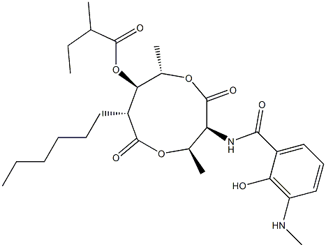 2-メチルブタン酸(3S,4R,7R,8R,9S)-3-[(3-メチルアミノ-2-ヒドロキシベンゾイル)アミノ]-4,9-ジメチル-2,6-ジオキソ-7-ヘキシル-1,5-ジオキソナン-8-イル 化学構造式