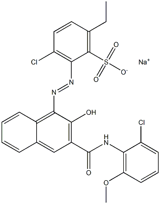 3-クロロ-6-エチル-2-[[3-[[(2-クロロ-6-メトキシフェニル)アミノ]カルボニル]-2-ヒドロキシ-1-ナフチル]アゾ]ベンゼンスルホン酸ナトリウム 化学構造式