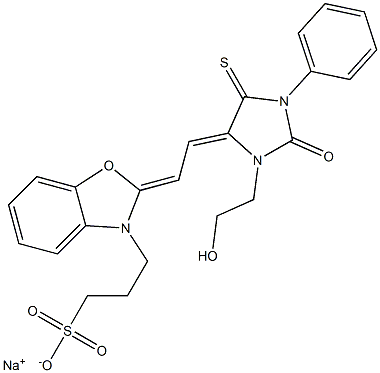1-(2-Hydroxyethyl)-3-phenyl-5-[2-[2,3-dihydro-3-(3-sulfopropyl)benzoxazol-2-ylidene]ethylidene]-4-thioxoimidazolidin-2-one sodium salt Struktur