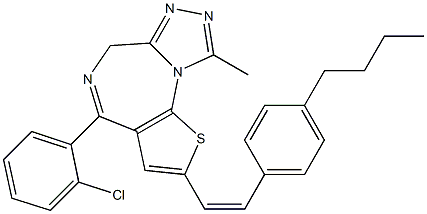 4-(2-クロロフェニル)-2-[(Z)-2-(4-ブチルフェニル)エテニル]-9-メチル-6H-チエノ[3,2-f][1,2,4]トリアゾロ[4,3-a][1,4]ジアゼピン 化学構造式