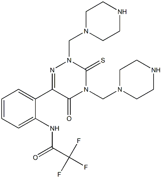 2,3-Dihydro-2,4-bis[(piperazin-1-yl)methyl]-3-thioxo-6-[2-[(trifluoroacetyl)amino]phenyl]-1,2,4-triazin-5(4H)-one Struktur