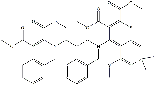 7,7-Dimethyl-5-(methylthio)-4-[benzyl[3-[benzyl[1,2-bis(methoxycarbonyl)ethenyl]amino]propyl]amino]-7H-1-benzothiopyran-2,3-dicarboxylic acid dimethyl ester,,结构式