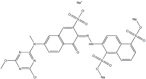 3-[2-[1,5-Bis(sodiosulfo)-2-naphtyl]hydrazono]-4-oxo-3,4-dihydro-7-[(4-chloro-6-methyloxy-1,3,5-triazine-2-yl)(methyl)amino]naphthalene-2-sulfonic acid sodium salt,,结构式