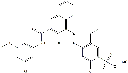 2-クロロ-5-エチル-4-[[3-[[(3-クロロ-5-メトキシフェニル)アミノ]カルボニル]-2-ヒドロキシ-1-ナフチル]アゾ]ベンゼンスルホン酸ナトリウム 化学構造式