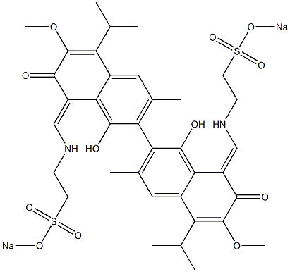 8,8'-Bis[[2-(sodiooxysulfonyl)ethyl]aminomethylene]-1,1'-dihydroxy-3,3'-dimethyl-5,5'-diisopropyl-6,6'-dimethoxy-7,7'-dioxo-7,7',8,8'-tetrahydro-2,2'-bi[naphthalene] Structure
