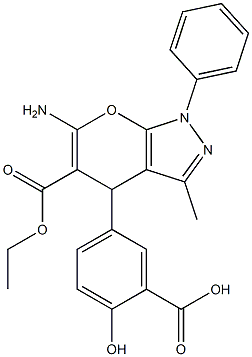 2-Hydroxy-5-[(6-amino-5-ethoxycarbonyl-3-methyl-1-phenyl-1,4-dihydropyrano[2,3-c]pyrazol)-4-yl]benzoic acid,,结构式