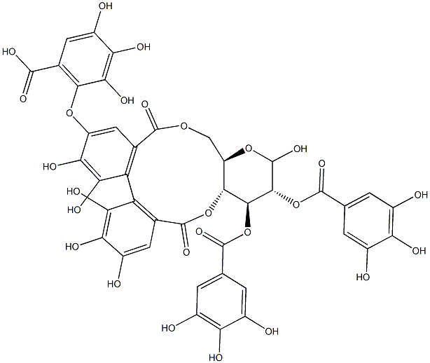 2-O,3-O-ジガロイル-4-O,6-O-[[4'-(2,3,4-トリヒドロキシ-6-カルボキシフェノキシ)-2,2',3,3',4-ペンタヒドロキシ[1,1'-ビフェニル]-6,6'-ジイル]ジカルボニル]-D-グルコピラノース 化学構造式