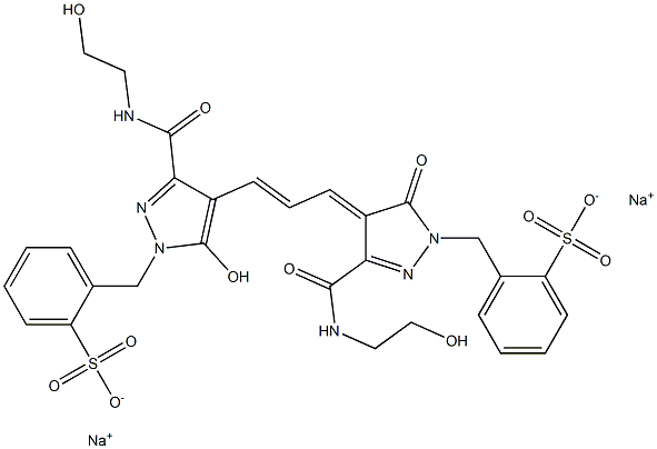 ジナトリウム=2-{5-ヒドロキシ-3-[N-(2-ヒドロキシエチル)カルバモイル]-4-{3-{3-[N-(2-ヒドロキシエチル)カルバモイル]-5-オキソ-1-(2-スルホナトベンジル)-2-ピラゾリン-4-イリデン}-1-プロペニル}-1-ピラゾリルメチル}ベンゼンスルホナート 化学構造式