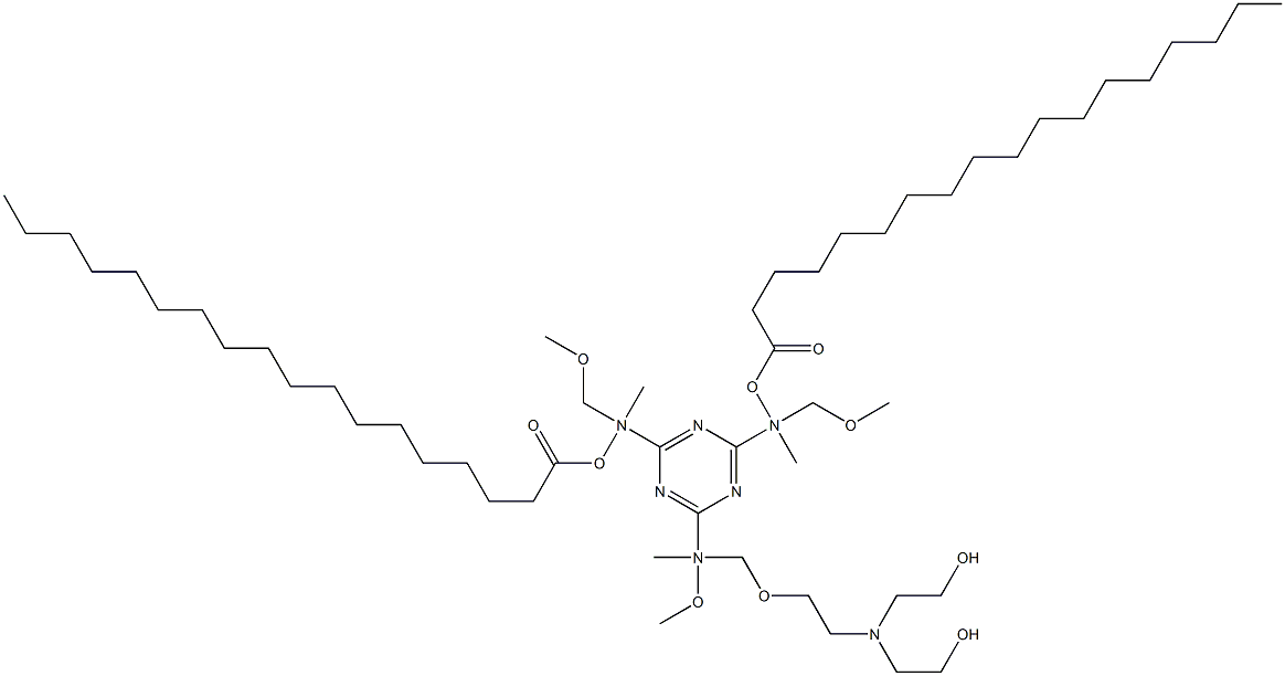 2,4-ビス(N-メトキシメチル-N-ステアロイルオキシメチルアミノ)-6-[N-メトキシメチル-N-[N,N-ジ(ヒドロキシエチル)アミノエトキシメチル]アミノ]-1,3,5-トリアジン 化学構造式