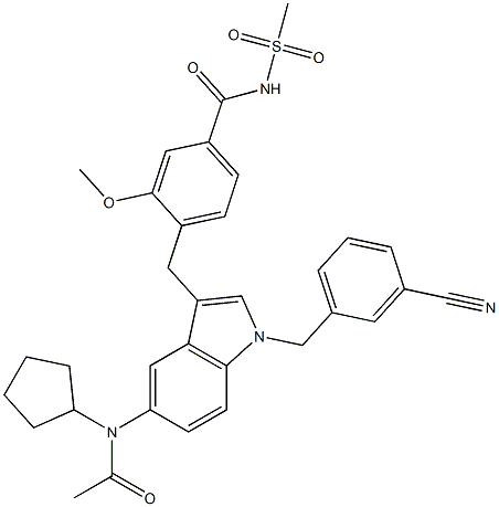 4-[5-(シクロペンチルアセチルアミノ)-1-(3-シアノベンジル)-1H-インドール-3-イルメチル]-3-メトキシ-N-メチルスルホニルベンズアミド 化学構造式