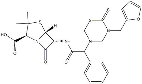6-[2-Phenyl-2-[(3-furfuryl-2-thioxo-3,4,5,6-tetrahydro-2H-1,3,5-thiadiazin)-5-yl]acetylamino]penicillanic acid Struktur