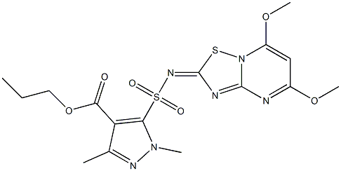 1,3-Dimethyl-5-[(5,7-dimethoxy-2H-[1,2,4]thiadiazolo[2,3-a]pyrimidin-2-ylidene)sulfamoyl]-1H-pyrazole-4-carboxylic acid propyl ester,,结构式