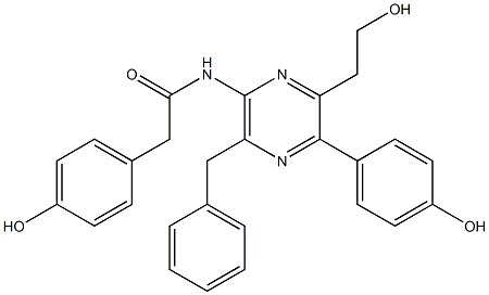 2-(2-ヒドロキシエチル)-3-(4-ヒドロキシフェニル)-5-ベンジル-6-[1-オキソ-2-(4-ヒドロキシフェニル)エチルアミノ]ピラジン 化学構造式