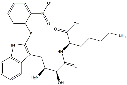 N2-[(2S,3S)-3-アミノ-2-ヒドロキシ-4-[2-[(2-ニトロフェニル)チオ]-1H-インドール-3-イル]ブチリル]-D-リシン 化学構造式