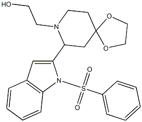 2-[7-[1-(フェニルスルホニル)-1H-インドール-2-イル]-1,4-ジオキサ-8-アザスピロ[4.5]デカン-8-イル]エタノール 化学構造式