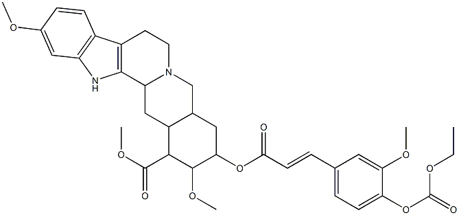 3-[2-(4-エトキシカルボニルオキシ-3-メトキシフェニル)ビニルカルボニルオキシ]-1,2,3,4,4a,5,7,8,13,13b,14,14a-ドデカヒドロ-2,11-ジメトキシベンゾ[g]インドロ[2,3-a]キノリジン-1-カルボン酸メチル 化学構造式