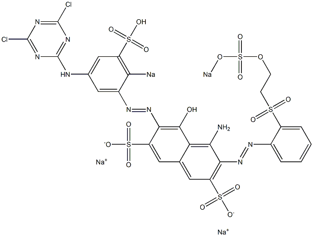 4-アミノ-6-[5-[(4,6-ジクロロ-1,3,5-トリアジン-2-イル)アミノ]-2-ソジオスルホフェニルアゾ]-5-ヒドロキシ-3-[o-[2-(ソジオオキシスルホニルオキシ)エチルスルホニル]フェニルアゾ]-2,7-ナフタレンジスルホン酸二ナトリウム 化学構造式