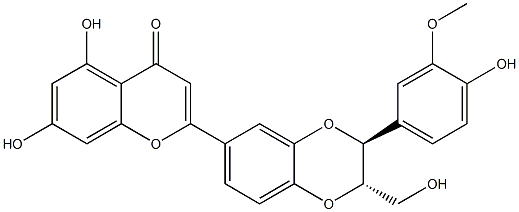 2-[(2S,3S)-2,3-ジヒドロ-3-(4-ヒドロキシ-3-メトキシフェニル)-2-ヒドロキシメチル-1,4-ベンゾジオキシン-6-イル]-5,7-ジヒドロキシ-4H-1-ベンゾピラン-4-オン 化学構造式