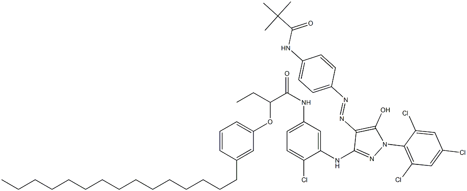 3-[2-Chloro-5-[2-(m-pentadecylphenoxy)butyrylamino]anilino]-4-[4-(2,2-dimethylpropionylamino)phenylazo]-5-hydroxy-1-(2,4,6-trichlorophenyl)-1H-pyrazole Struktur