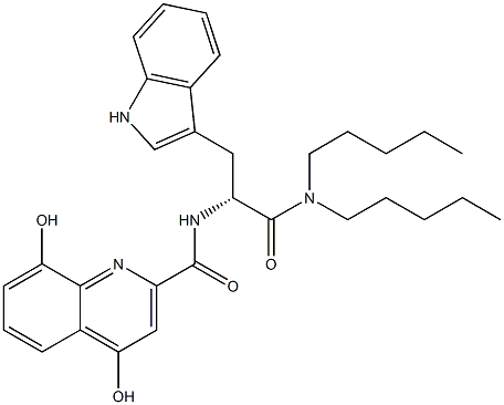 (R)-2-(4,8-ジヒドロキシ-2-キノリニルカルボニルアミノ)-3-(1H-インドール-3-イル)-N,N-ジペンチルプロパンアミド 化学構造式