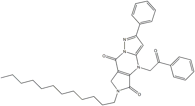 6,7-Dihydro-6-dodecyl-4-(2-oxo-2-phenylethyl)-2-phenyl-4H-1,4,6,8a-tetraaza-s-indacene-5,8-dione,,结构式