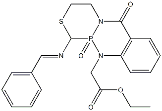 [9-(Ethoxycarbonylmethyl)-1-(benzylideneamino)-1,2,3,4,4a,9a-hexahydro-2-thia-4a,9-diaza-9a-phosphaanthracen-10(9H)-one]9a-oxide Structure
