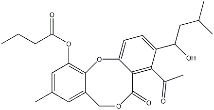 Butyric acid 5-oxo-4-acetyl-9-methyl-3-(1-hydroxy-3-methylbutyl)-5H,7H-dibenzo[b,g][1,5]dioxocin-11-yl ester|