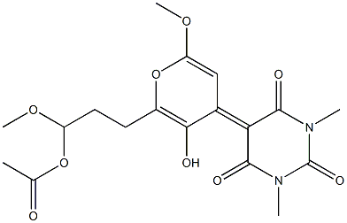 Acetic acid [1-methoxy-3-[4-[(1,3-dimethyl-2,4,6-trioxohexahydropyrimidin)-5-ylidene]-2-methoxy-5-hydroxy-4H-pyran-6-yl]propyl] ester Struktur