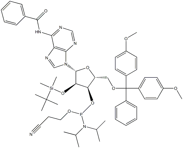 N-Benzoyl-2'-O-(tert-butyldimethylsilyl)-3'-O-[(2-cyanoethoxy)(diisopropylamino)phosphino]-5'-O-(4,4'-dimethoxytrityl)adenosine,,结构式