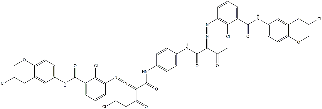 3,3'-[2-(1-Chloroethyl)-1,4-phenylenebis[iminocarbonyl(acetylmethylene)azo]]bis[N-[3-(2-chloroethyl)-4-methoxyphenyl]-2-chlorobenzamide] Structure