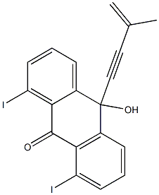 1,8-diiodo-10-hydroxy-10-(3-methylbut-3-en-1-ynyl)anthracen-9(10H)-one Struktur