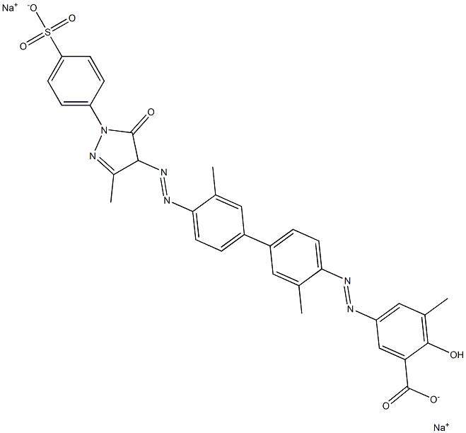 Disodium 5-((4'-((4,5-dihydro-3-methyl-5-oxo-1-(4-sulphonatophenyl)-1H-pyrazol-4-yl)azo)-3,3'-dimethyl(1,1'- biphenyl)-4-yl)azo)-3-methylsalicylate 结构式