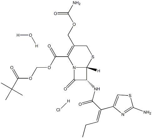 2,2-dimethylpropanoyloxymethyl (6R,7R)-7-[[(Z)-2-(2-amino-1,3-thiazol-4-yl)pent-2-enoyl]amino]-3-(carbamoyloxymethyl)-8-oxo-5-thia-1-azabicyclo[4.2.0]oct-2-ene-2-carboxylate hydrate hydrochloride 化学構造式