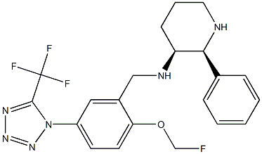 (2S,3S)-N-[[2-(fluoromethoxy)-5-[5-(trifluoromethyl)tetrazol-1-yl]phenyl]methyl]-2-phenyl-piperidin-3-amine 化学構造式