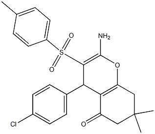 2-amino-4-(4-chlorophenyl)-7,7-dimethyl-3-[(4-methylphenyl)sulfonyl]-4,6,7,8-tetrahydro-5H-chromen-5-one,,结构式