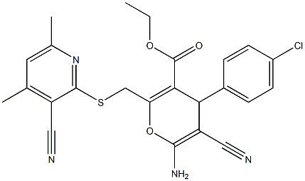 ethyl 6-amino-4-(4-chlorophenyl)-5-cyano-2-{[(3-cyano-4,6-dimethyl-2-pyridinyl)sulfanyl]methyl}-4H-pyran-3-carboxylate 结构式