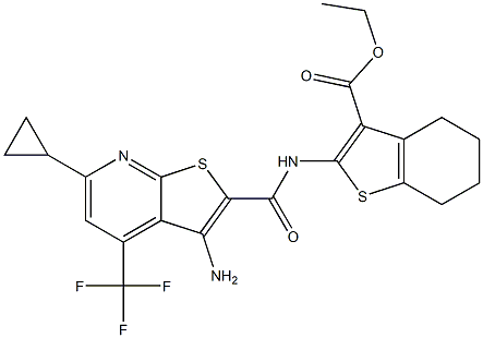 ethyl 2-({[3-amino-6-cyclopropyl-4-(trifluoromethyl)thieno[2,3-b]pyridin-2-yl]carbonyl}amino)-4,5,6,7-tetrahydro-1-benzothiophene-3-carboxylate Structure