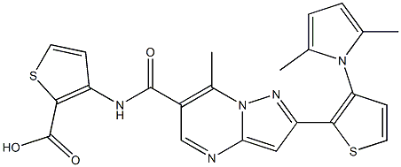 3-[({2-[3-(2,5-dimethyl-1H-pyrrol-1-yl)-2-thienyl]-7-methylpyrazolo[1,5-a]pyrimidin-6-yl}carbonyl)amino]-2-thiophenecarboxylic acid Struktur