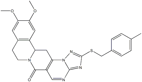 11,12-dimethoxy-2-[(4-methylbenzyl)sulfanyl]-8,9,13b,14-tetrahydro-6H-[1,2,4]triazolo[5'',1'':2',3']pyrimido[4',5':4,5]pyrido[2,1-a]isoquinolin-6-one,,结构式