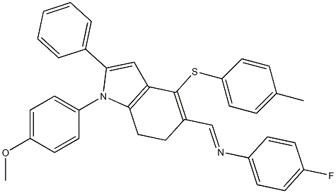 4-fluoro-N-((E)-{1-(4-methoxyphenyl)-4-[(4-methylphenyl)sulfanyl]-2-phenyl-6,7-dihydro-1H-indol-5-yl}methylidene)aniline Structure