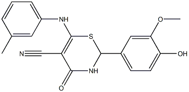 2-(4-hydroxy-3-methoxyphenyl)-4-oxo-6-(3-toluidino)-3,4-dihydro-2H-1,3-thiazine-5-carbonitrile 化学構造式