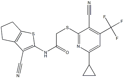 2-{[3-cyano-6-cyclopropyl-4-(trifluoromethyl)-2-pyridinyl]sulfanyl}-N-(3-cyano-5,6-dihydro-4H-cyclopenta[b]thiophen-2-yl)acetamide|