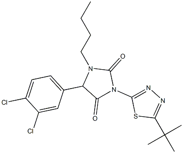 1-butyl-3-[5-(tert-butyl)-1,3,4-thiadiazol-2-yl]-5-(3,4-dichlorophenyl)imidazolidine-2,4-dione 化学構造式