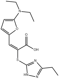 2-Propenoic  acid,  3-[5-(diethylamino)-2-furanyl]-2-[(3-ethyl-1H-1,2,4-triazol-5-yl)thio]-,  (2E)- Structure