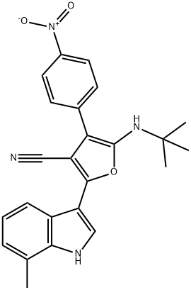 3-Furancarbonitrile,  5-[(1,1-dimethylethyl)amino]-2-(7-methyl-1H-indol-3-yl)-4-(4-nitrophenyl)-,,结构式