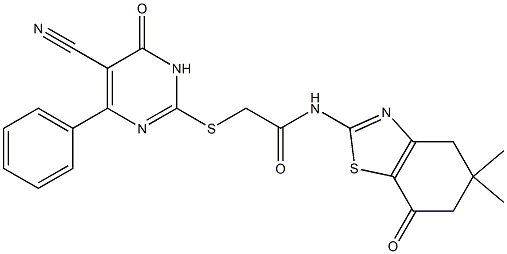 2-[(5-cyano-6-oxo-4-phenyl-1,6-dihydro-2-pyrimidinyl)sulfanyl]-N-(5,5-dimethyl-7-oxo-4,5,6,7-tetrahydro-1,3-benzothiazol-2-yl)acetamide 结构式